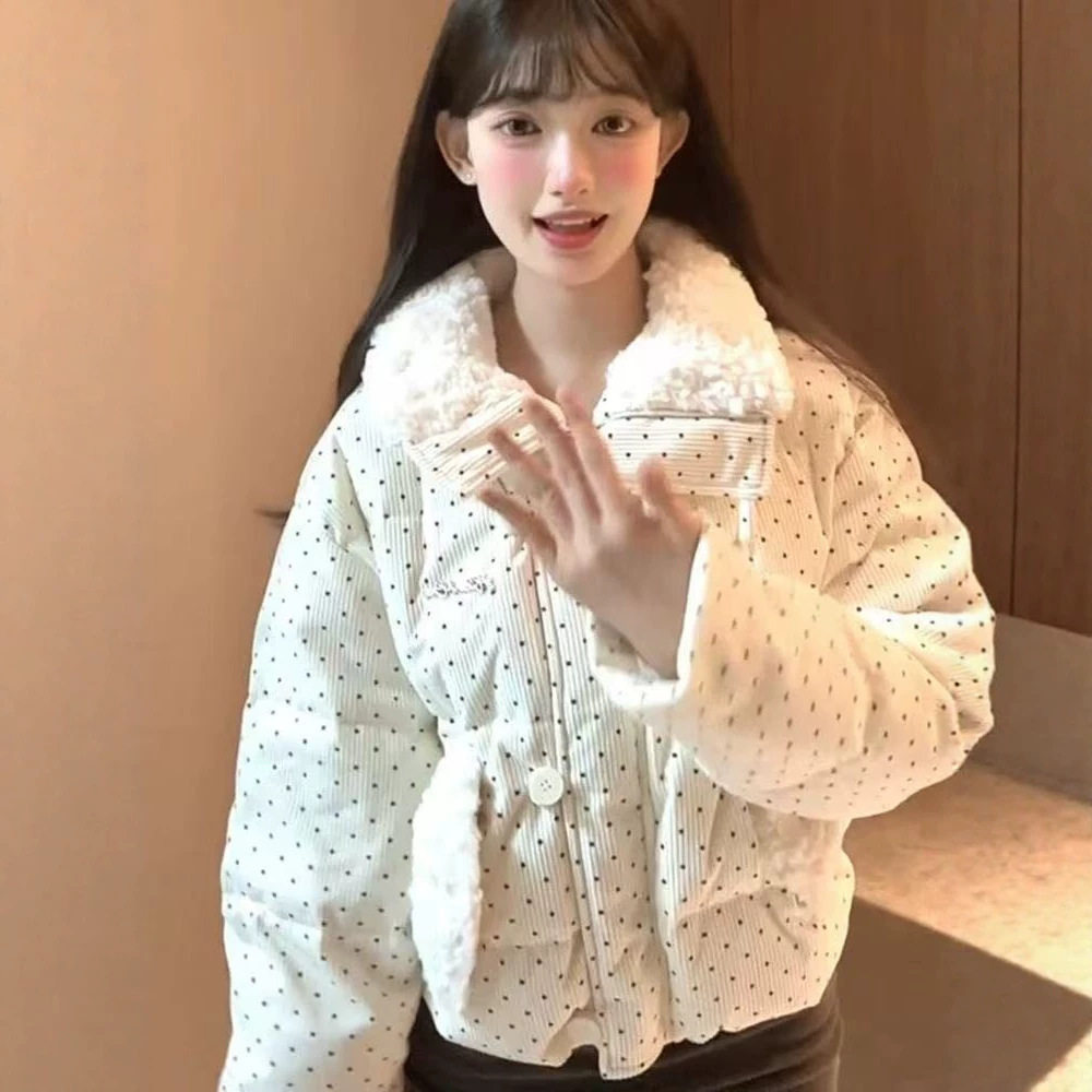 韩系设计波点棉服毛领冬季甜美新款加厚宽松棉袄外套面包短款棉服