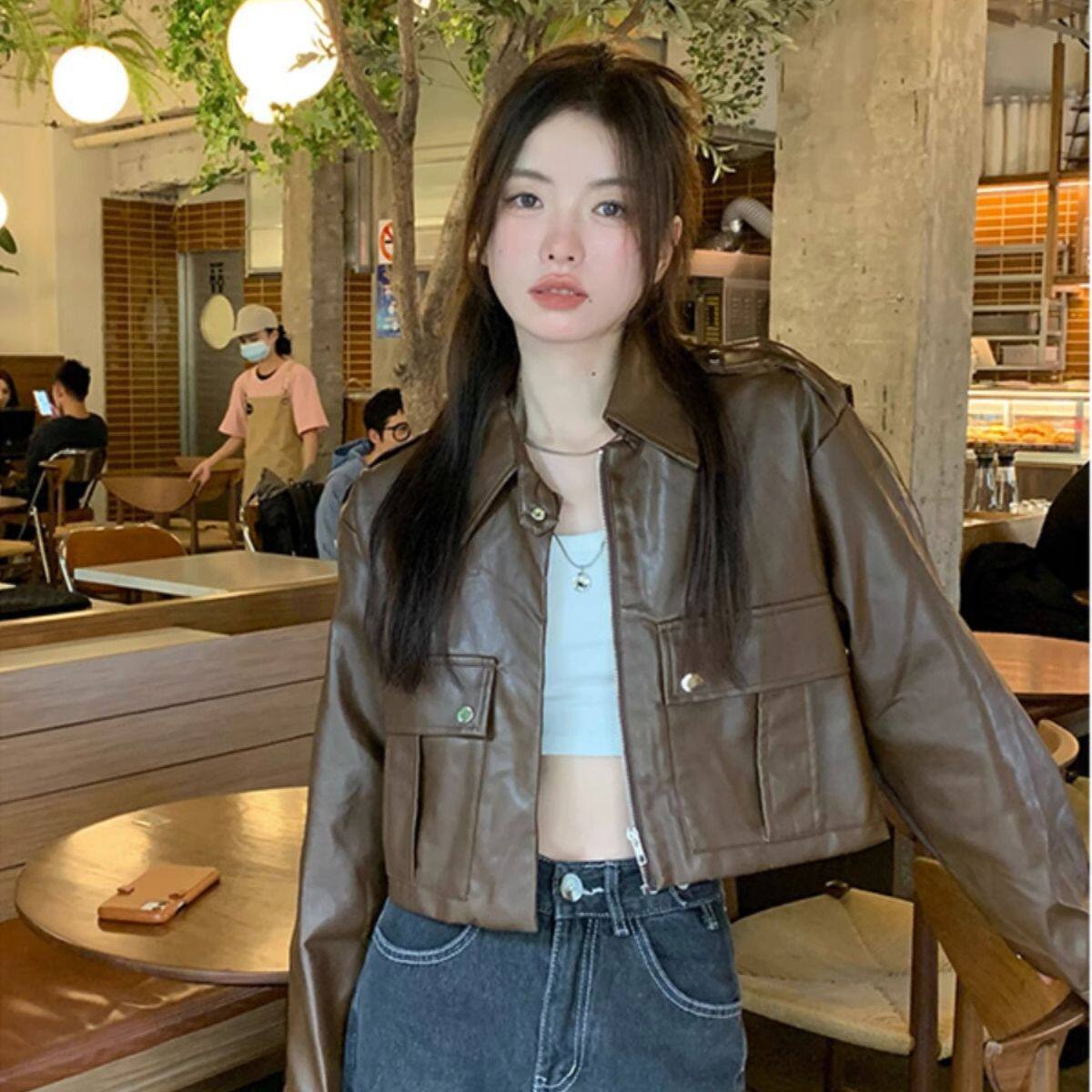 港风复古棕色皮衣外套女年新款小个子时尚休闲短款机车服上衣