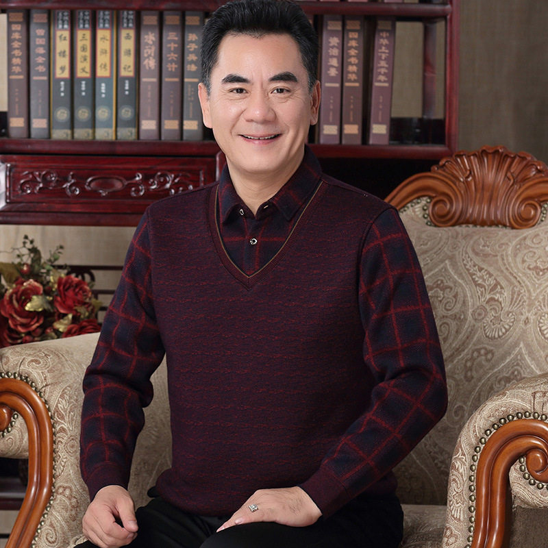 秋冬季中老年人男士假两件毛衣加绒加厚款爸爸冬装老人上衣服长袖