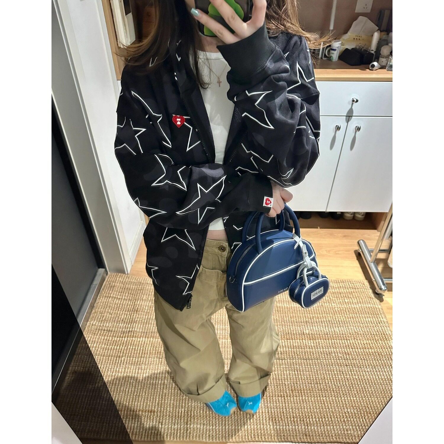 秋季新款满印星星连帽拉链卫衣女装薄款加绒爱心刺绣宽松开衫外套