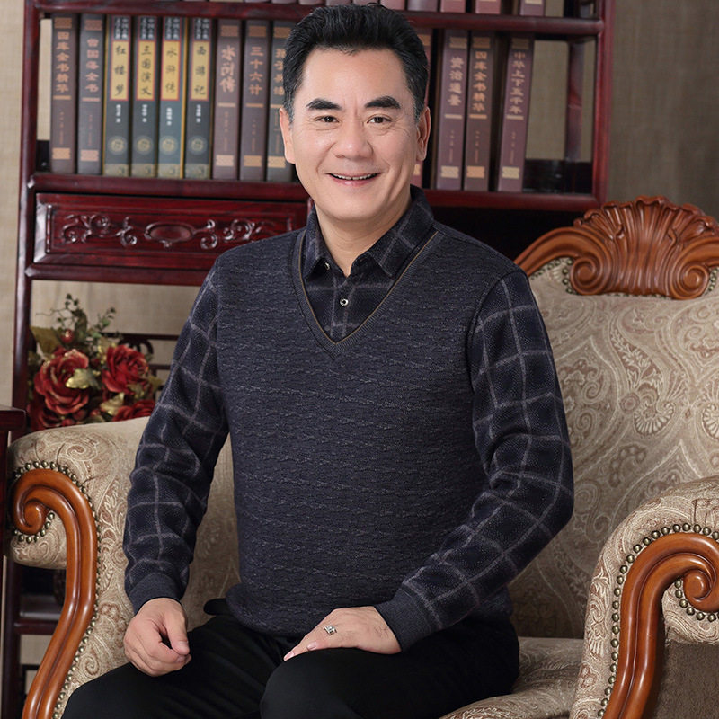 中老年男装加绒加厚衬衣冬季50岁爸爸装保暖衣假两件特厚中年男装