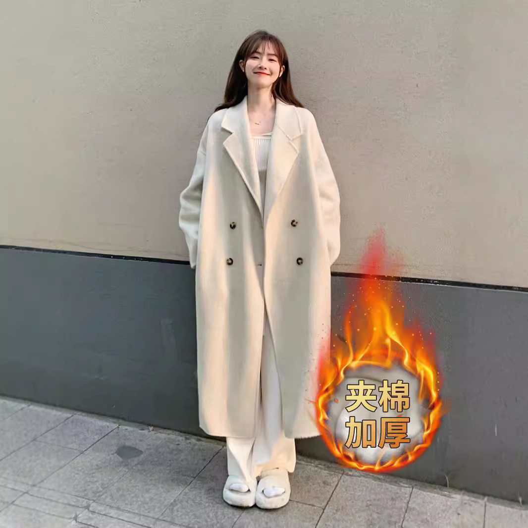 毛呢外套女小个子新款秋冬季感韩系赫本风厚杏色呢子大衣