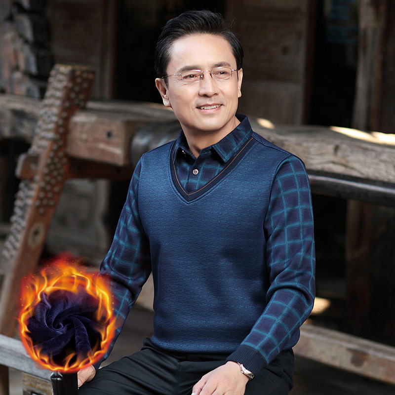 中年男士长袖衬衫加绒加厚假两件中老年爸爸冬装衬衫领保暖毛衣男