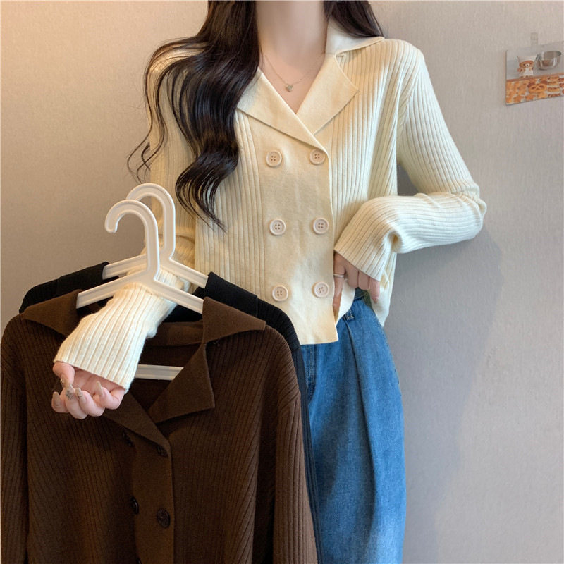 气质复古双排扣针织打底衫女秋季新款设计感显瘦短款内搭上衣