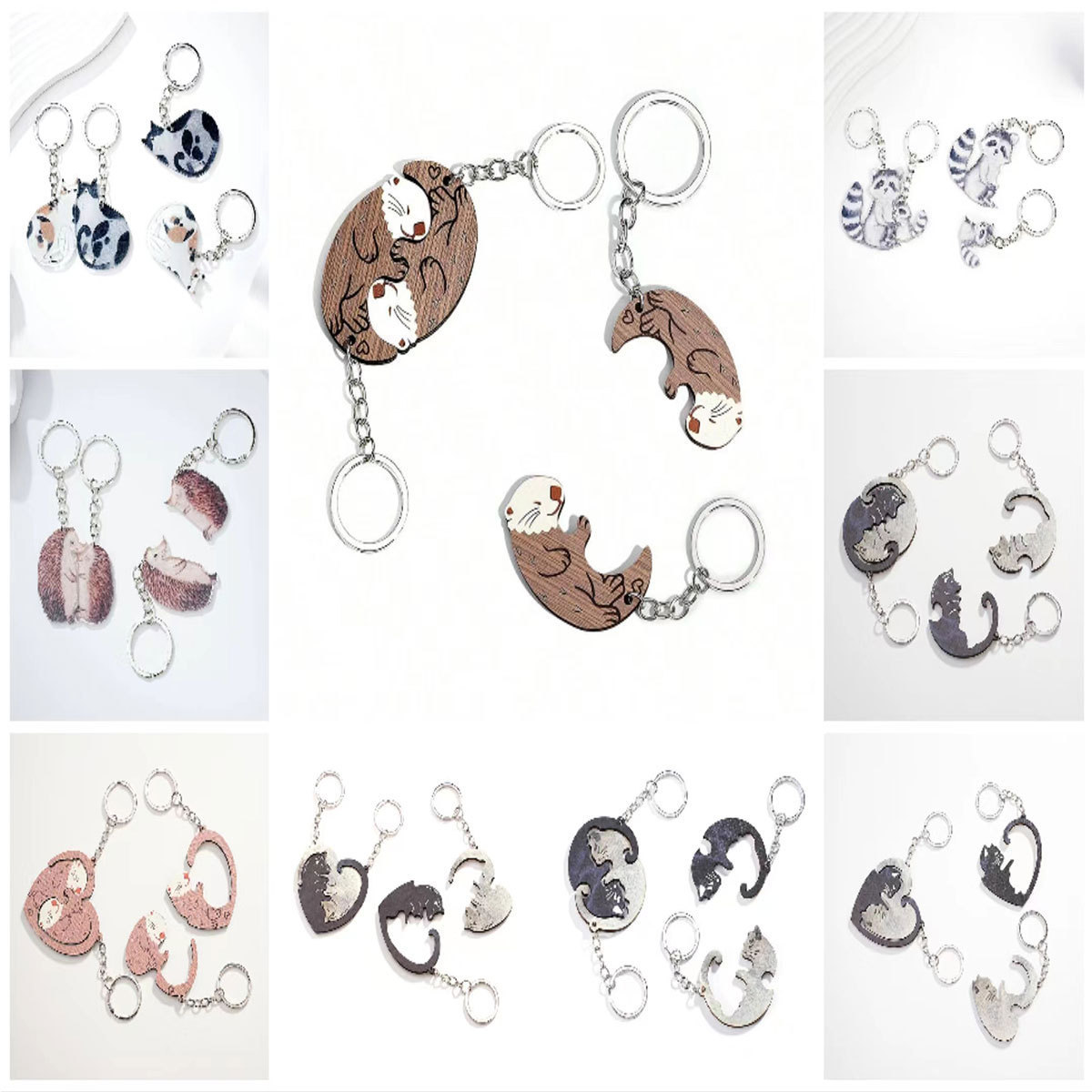 创意仿真木质情侣水獭猫咪刺猬浣熊钥匙圈挂件情人节情侣钥匙扣闺