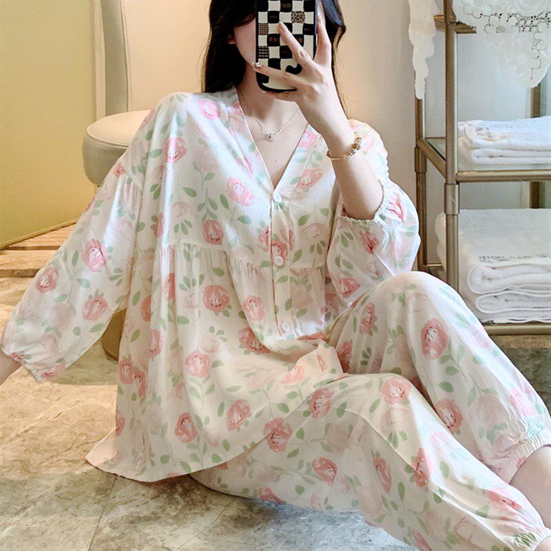 棉绸睡衣女春秋款七分袖人造棉夏季空调家居服宽松R两件套装2023