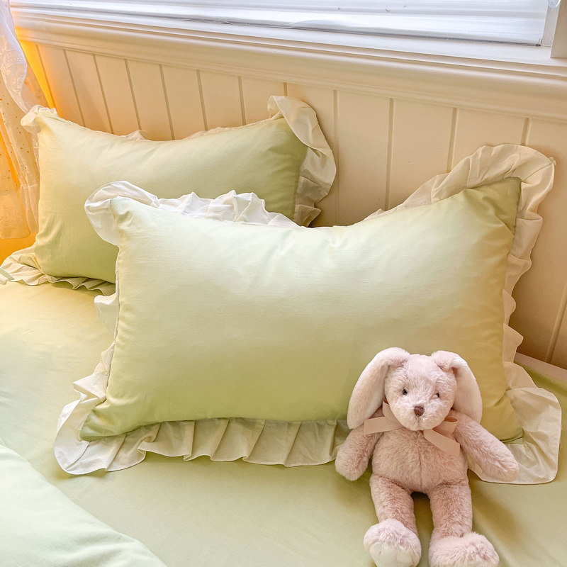 纯色清新荷叶边纯棉l水洗棉枕套一对装48*74全棉单人花边款枕头套