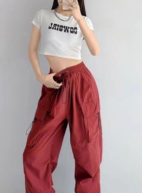 美式黑色直筒束脚工装裤女夏季20B23新款复古宽松显瘦阔腿休闲裤