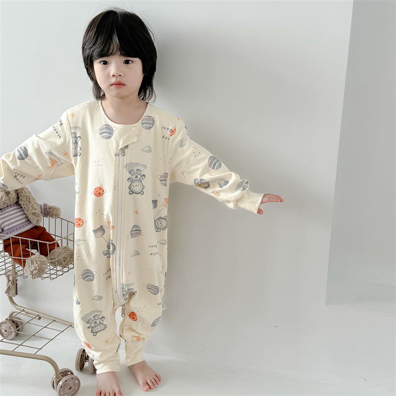 双层纯棉儿童连体l睡衣春秋款宝宝分腿连身睡袋防踢被男女童秋冬