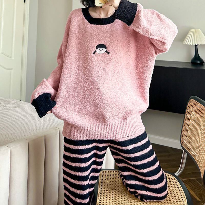 可爱女孩睡衣f女秋冬季半边绒加绒加厚保暖新款可外穿珊瑚绒家居