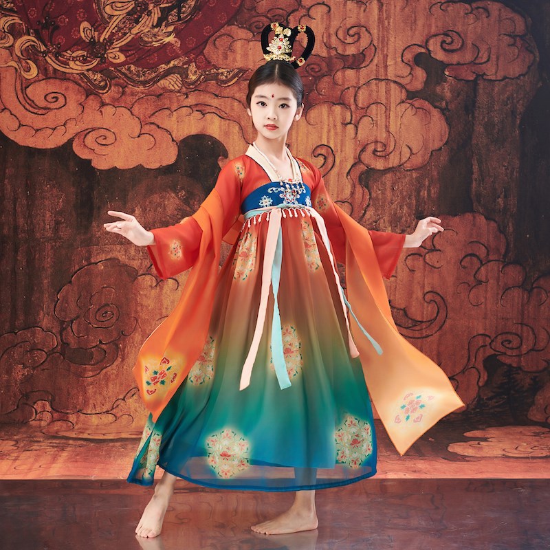 儿童敦煌服装飞天乐鼓汉服异域风情D舞蹈服女童古典舞民族风表演