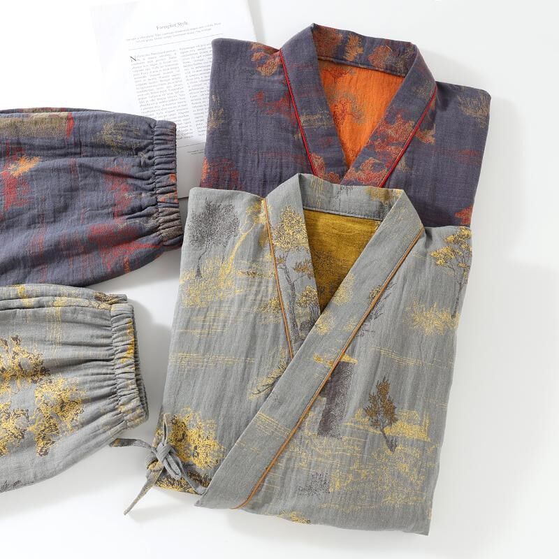 春秋中式汉服男士家居q服套装纯棉色织提花纱布睡衣和服浴衣汗蒸
