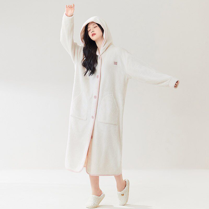 睡袍女款秋冬季加绒加厚珊瑚绒长款E连帽睡衣法兰绒白色家居服长