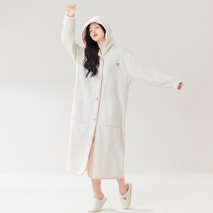 睡袍女款秋冬季加绒加厚珊瑚绒长款E连帽睡衣法兰绒白色家居服长