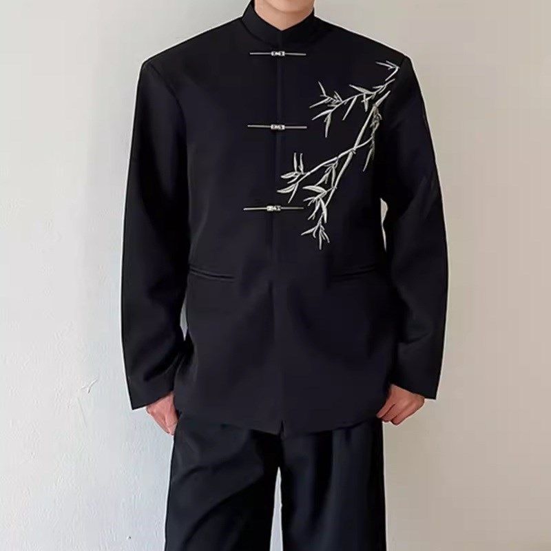 新中式男装飞机扣中国风翠竹刺绣外套垫肩毕业典R礼礼服男中山唐