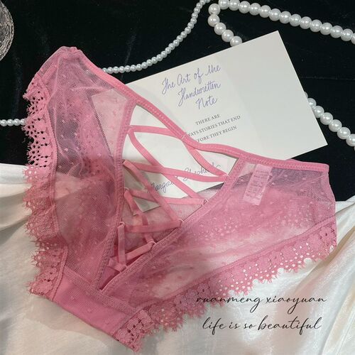 新款辣妹背后交叉绑带诱惑性感网纱F内裤女士蕾丝花边纯欲蜜桃粉