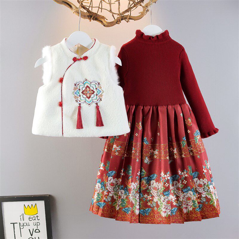 女童马面裙国风汉服n盘扣马甲套装冬装加厚新年服过年拜年服两件