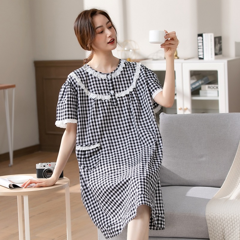 韩版长款棉布睡裙女士短袖宽松大码睡衣夏季梭P织全棉连衣裙居家