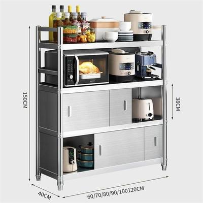 厨房带柜门不锈钢推拉门置物架落地多层微波炉储物架碗碟收纳架