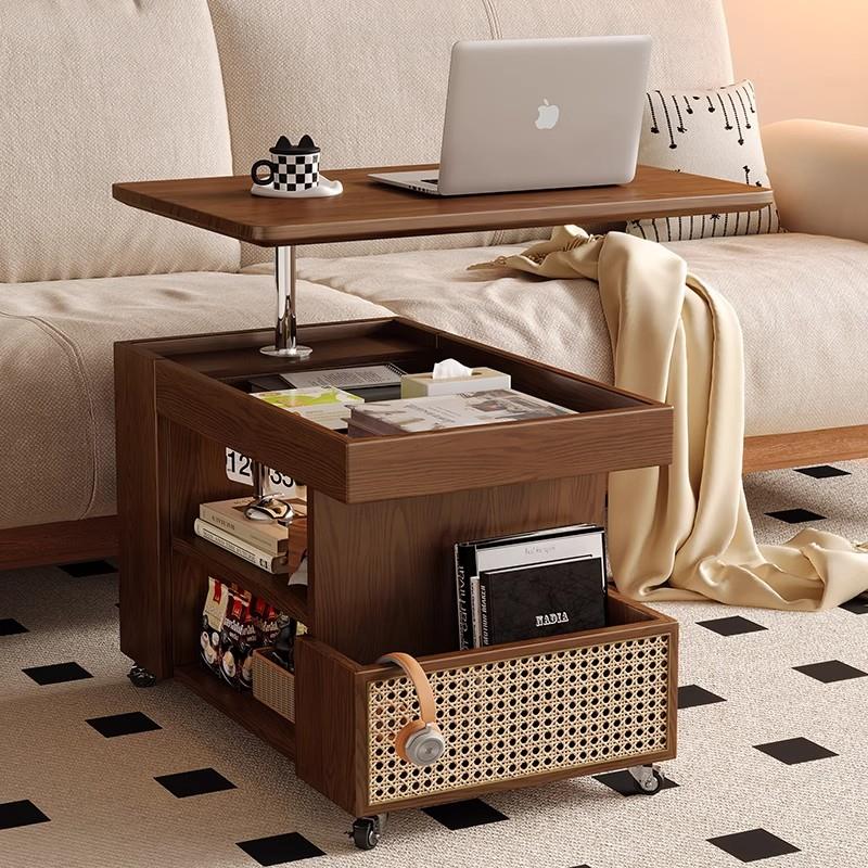 中古风实木可移动升降边几藤编多功能推车覆古客厅茶几带轮茶桌