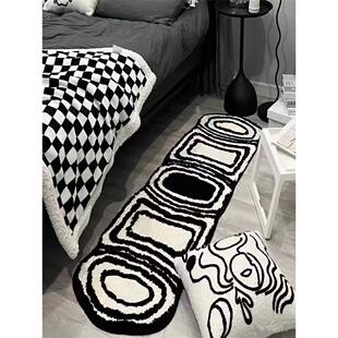 卧室床边毯黑白格子高级感地垫客厅沙发茶几地毯简约加厚长条脚垫