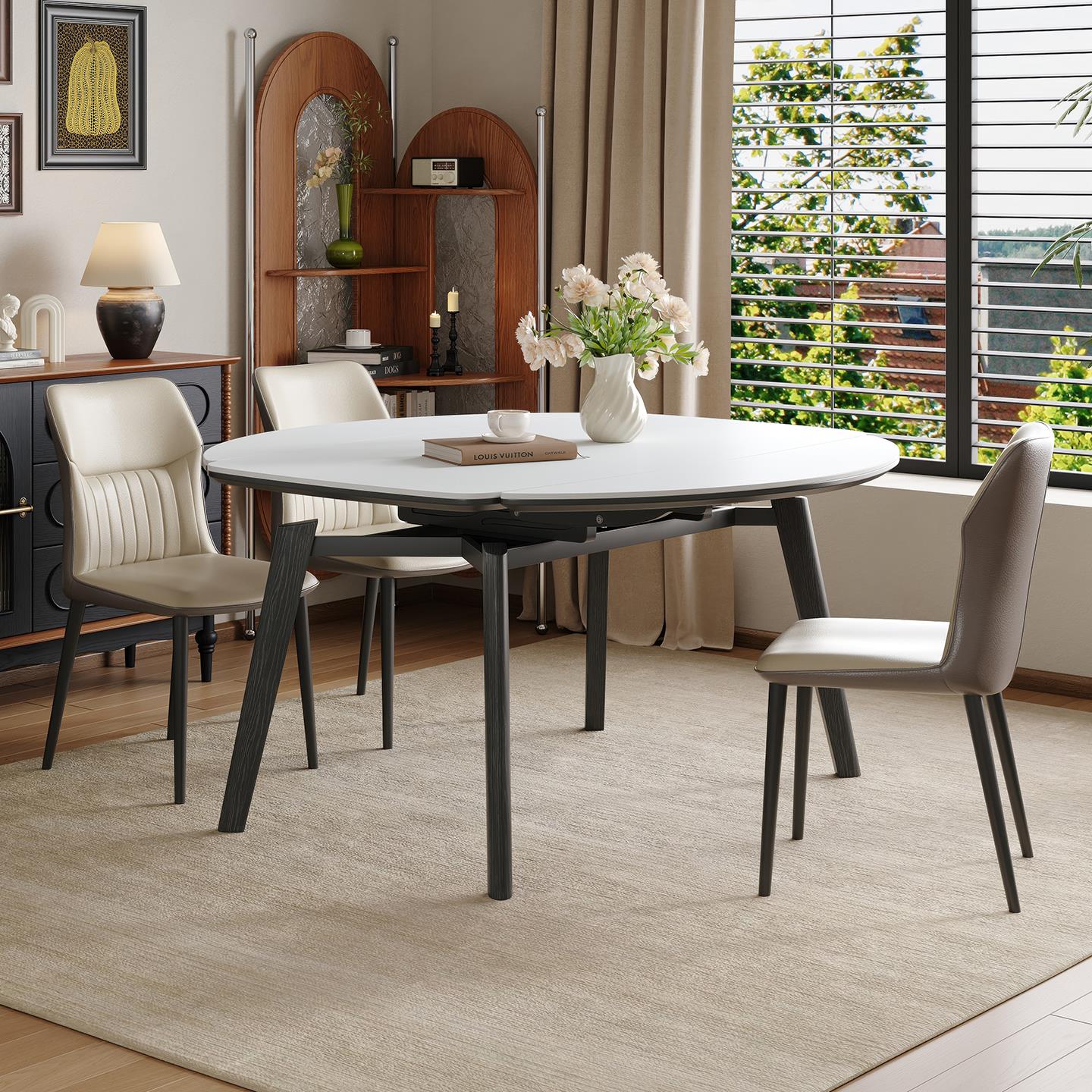 国补实木伸缩餐桌白蜡木方圆两用圆桌圆形意式现代家用小户型岩板