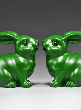 绿色木头小兔子摆件木质雕刻十二生肖木制兔实木吉祥物装饰工艺品