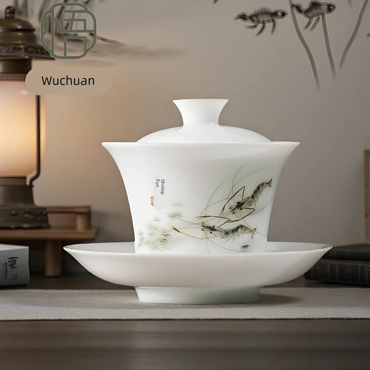 羊脂玉瓷高端三才盖碗茶杯手工白瓷功夫茶具家用礼盒装轻奢泡茶器