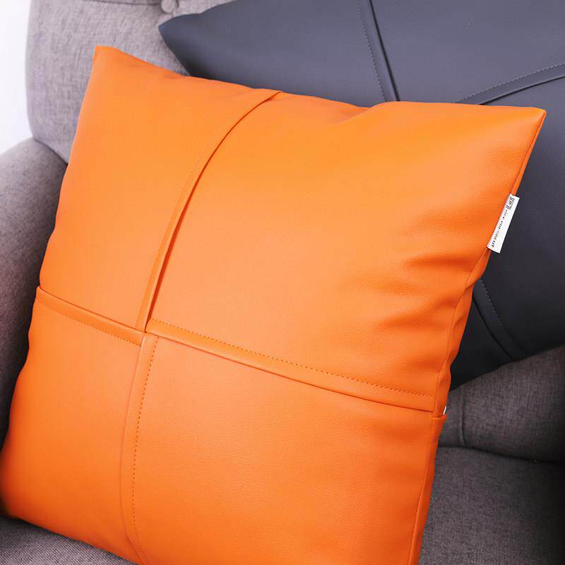 PU彷皮橙灰色高端免洗纯色设计感抱枕套午睡沙发靠垫包定制汽腰枕
