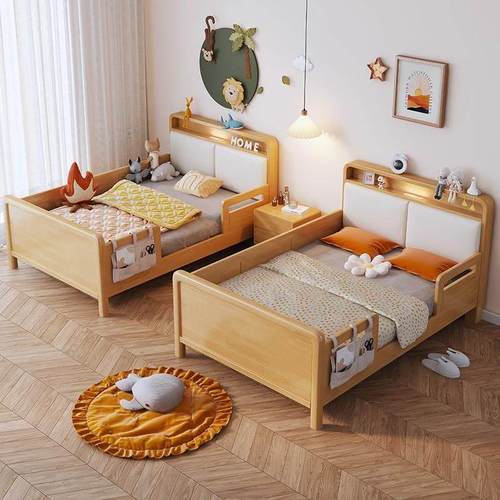 北欧轻奢儿童实木床男女孩单人1米2带护栏软靠拼接床小孩公主床婴