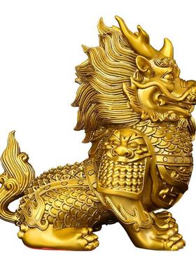 黄铜麒麟摆件瑞兽直头麒麟将军铠甲麒麟家居玄关店铺桌面装饰用品