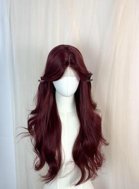 假发大波浪前额蕾丝中分刘海树莓红色长卷发日常佩戴氛围感假发套