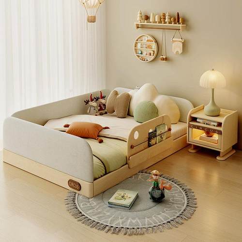 蒙氏地台床实木带护栏男孩女孩榻榻米卧室儿重房2025新款原创设计