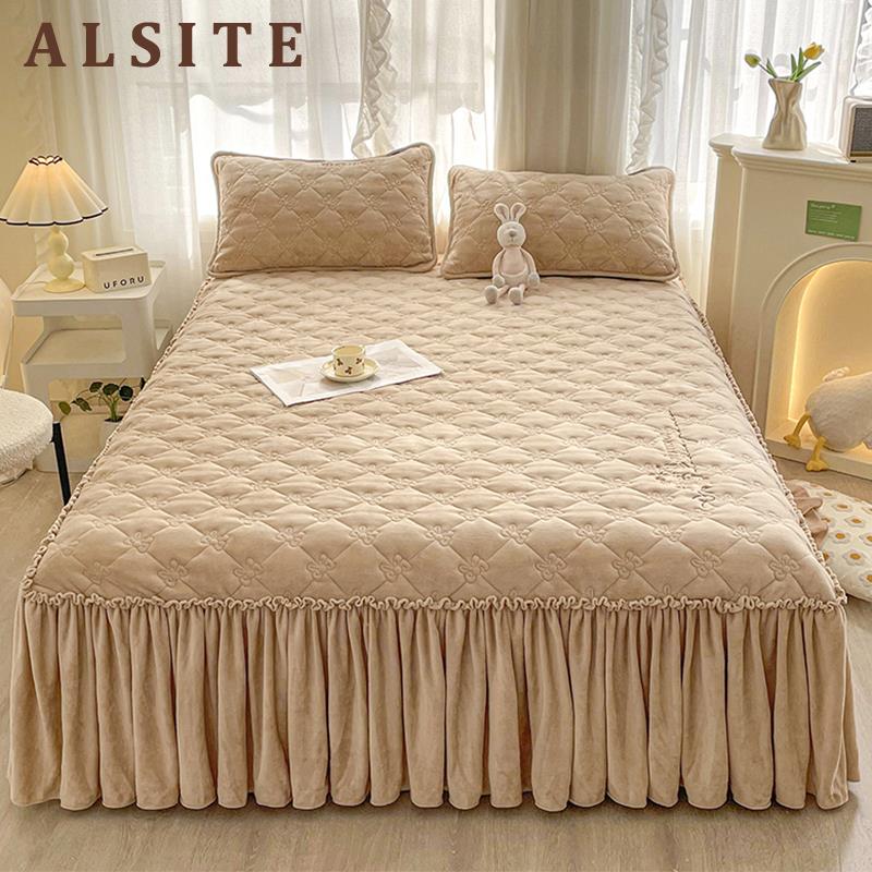 高端床裙单件牛奶珊瑚绒夹棉加厚床罩款床单带裙边床盖法兰绒冬季