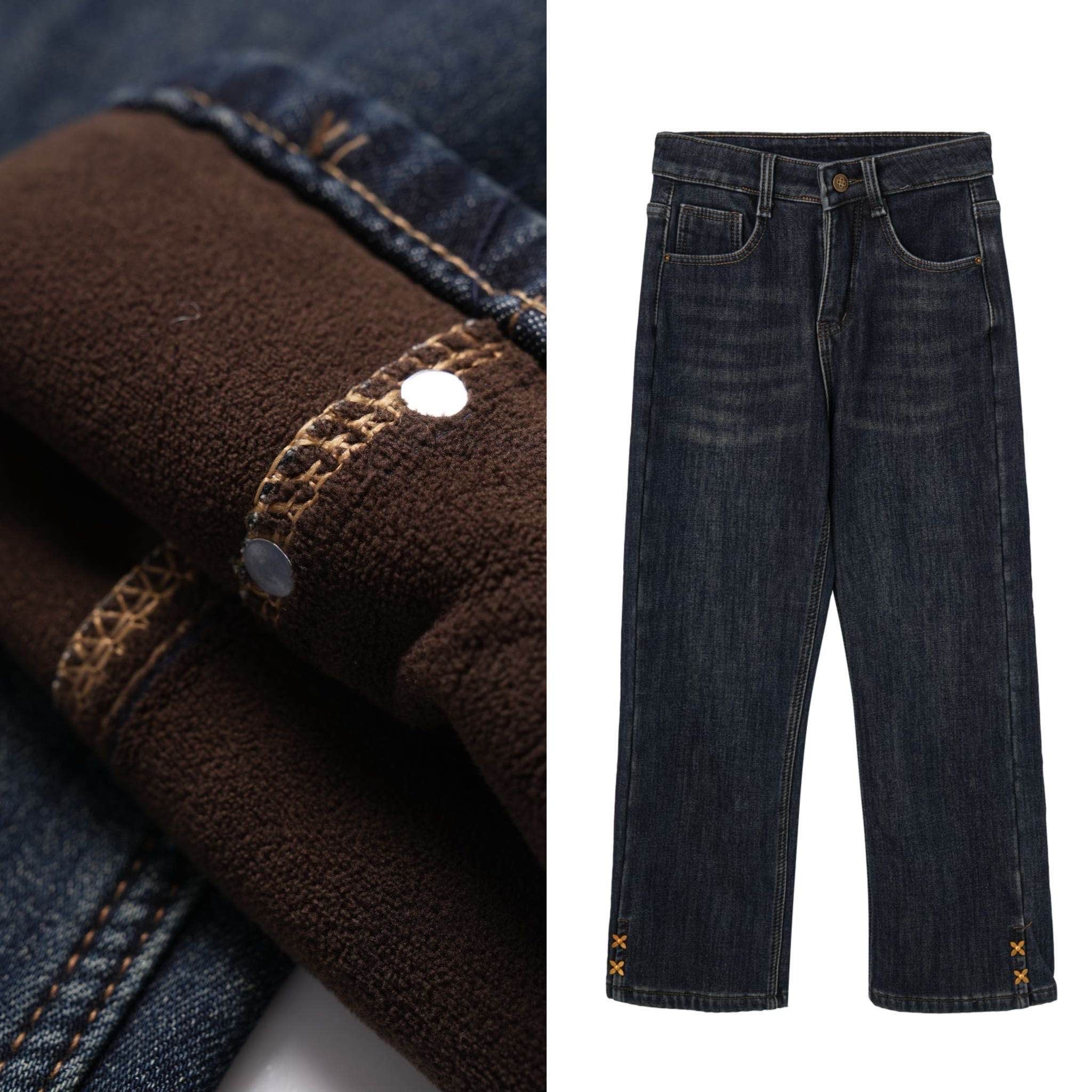 【小田专享】1652加绒加厚牛仔裤复古高腰直筒裤