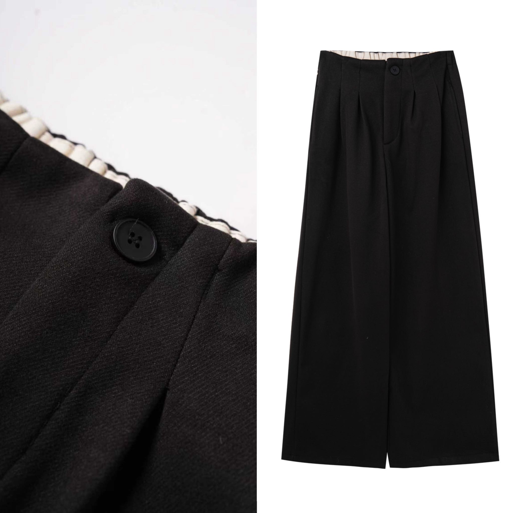 【小乐专享】加绒拼接毛呢阔腿直筒裤高腰休闲宽松长裤子 1128