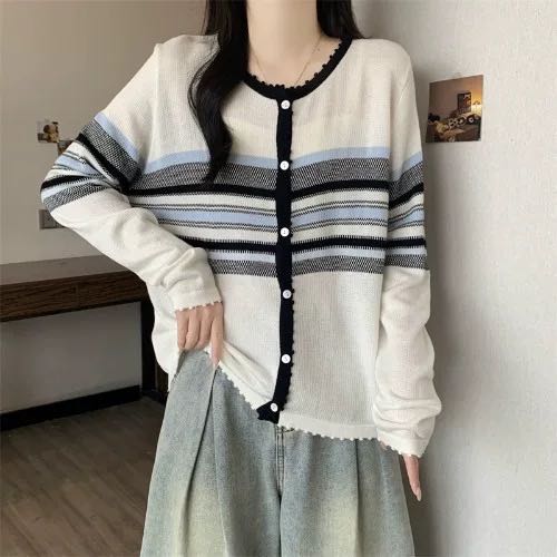 AndM高端Studio 条纹长袖针织衫老钱风毛衣开衫外套1128