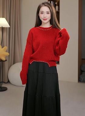 【小四专享】气质独特正肩红色毛衣巨好看针织衫上衣