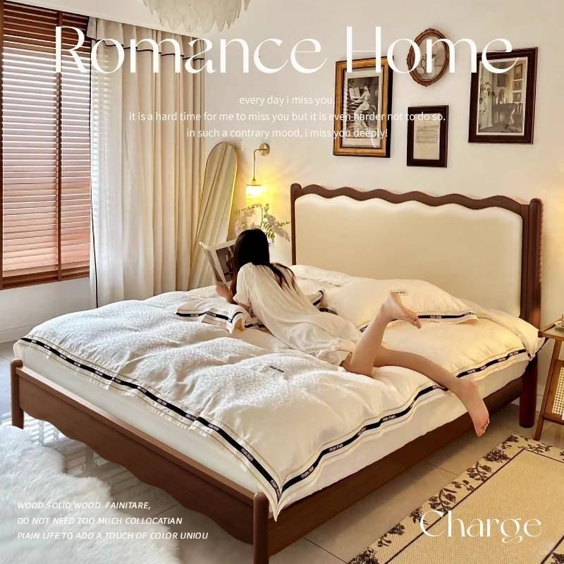 实木床北欧复古双人床1.8m波浪床中古风床法式床简约软包主卧床