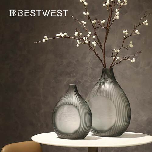 Bestwest中式冷灰色水培小口玻璃花瓶摆件样板间花器软装饰品