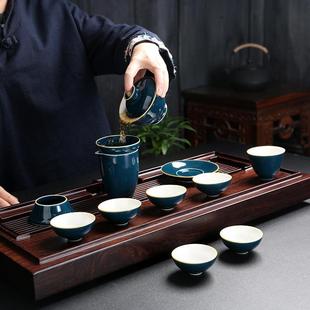 直销新款 家用创新高档描边泡茶盖 中式 亚光白霁蓝陶瓷功夫茶具套装