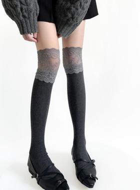 秋冬lolita蕾丝镂空大花边过膝袜竖条拼接高筒袜灰色堆堆小腿袜女