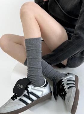 春秋基础款平板小腿袜女纯色简约百搭堆堆中筒袜灰色棉袜jk及膝袜