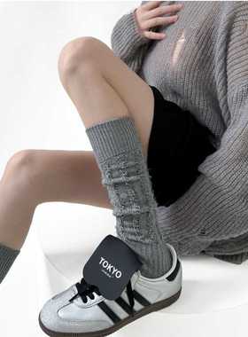 秋冬竖条镂空小腿袜字女黑无骨灰色破洞堆堆中筒袜奶白色简约百搭