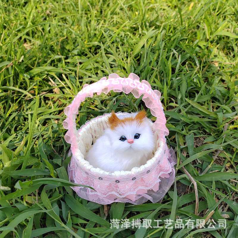 新款直销会叫仿真猫花边提篮猫咪生日礼物工艺品摆件仿真动物模型