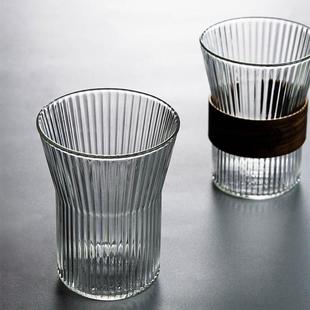 直销新款 木片隔 轻奢竖纹咖啡杯 高硼硅玻璃咖啡杯条纹家用单层杯