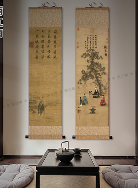 宋代挂画 画国画 画山水画 画茶楼彷古画 画听琴图无边卷轴画 画