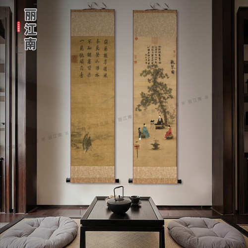 宋代挂画 画国画 画山水画 画茶楼彷古画 画听琴图无边卷轴画 画