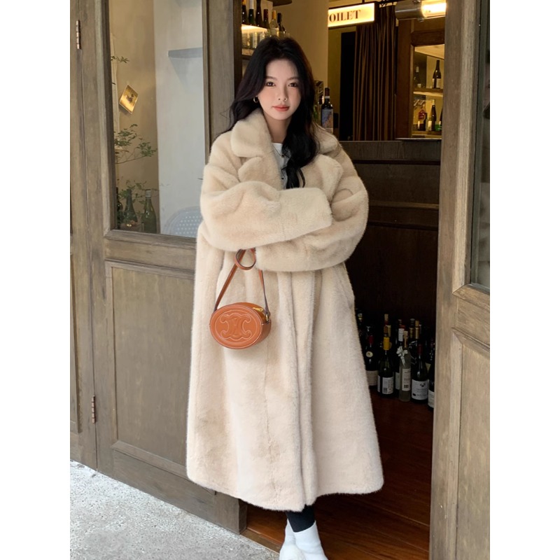 冬季环保仿皮草水貂绒长款宽松加厚皮毛一体西服领毛毛外套大衣女