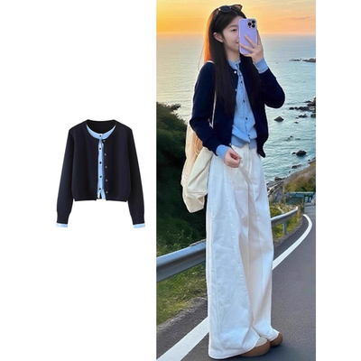 藏青色假两件设计感长袖针织开衫外套女2025新款秋季流行穿搭上衣